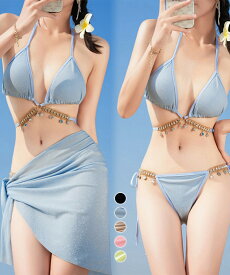 【最大50%OFFクーポンで,1695円】ビキニ セクシー水着3点セットレディース クロスビキニ パレオ付き ホルターネック ビーチウェア おしゃれ ビジュー付き水着 大人可愛い リボン紐ビキニ 海プール miniministore 80MIAOMIAO-008