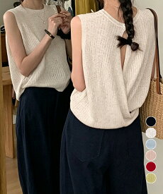 サマーニットタンクトップ 背中開き 夏服 前後2WAYリブニット ノースリーブトップス レディース ラウンドネックプルオーバー バックオープンニットソー きれいめ miniministore 80ZHONGYI-002