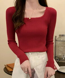 Uネックリブトップススクエアネックニット レディース 長袖ニットプルオーバー タイトフィットニット秋冬 韓国風大人可愛い ニットインナー SNS映えトップス着回し miniministore 83XIAOJU-001