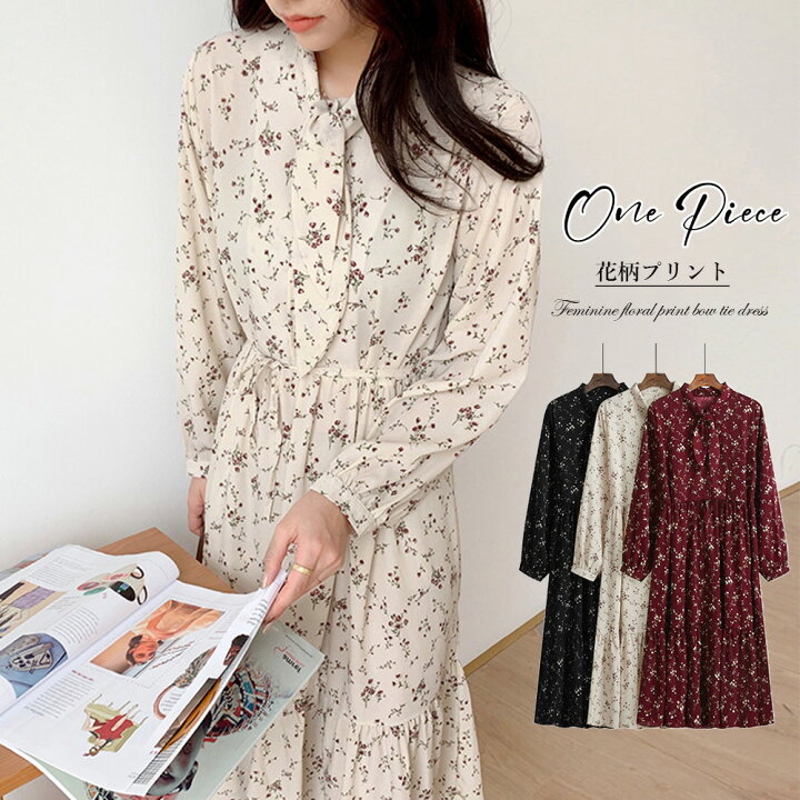 楽天市場】【40%OFFクーポンで,2334円】小花柄 ボウタイワンピース 