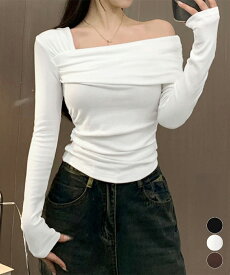 ワンオフショルダーTシャツ肩出しトップス レディース 大人カジュアル タイトTシャツ 韓国風 片方オフショルダーカットソー サイドギャザー セクシーtシャツ 無地 miniministore 84WANJIA-023
