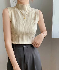 【最大50%OFFクーポンで,1045円】ノースリーブニット トップス ハイネック サマーニット レディース ニットタンクトップ プチハイネック シンプル 重ね着インナー ボトルネックニット 着やせ 無地 miniministore 87JIAYUAN-001