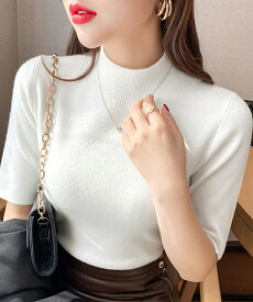 【最大50%OFFクーポンで,1195円】モックネック ニットトップス 五分袖韓国 春ニット半袖 サマーニットレディース ハイゲージニット プチハイネック タイトニットTシャツ 着やせ きれいめニットソー miniministore 87XUNYOU-001