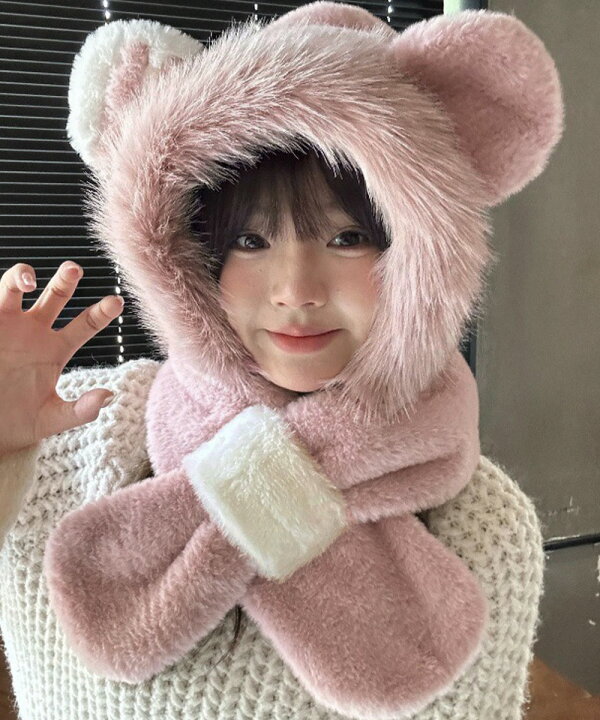 楽天市場】【最大50%OFFクーポンで,1545円】くまみみ帽子 マフラー付き 