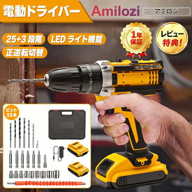 ＼400円OFFクーポン！／【楽天1位】Amilozi アミロジ 電動ドリル 充電式 電動ドライバーセット 電動ドリルドライバー 21V 2個バッテリー付き 25段階トルク調整 リバース機能 ドリルビット21本付き 収納ケース付き 家具組立 DIY 穴あけ作業 父の日 プレゼント