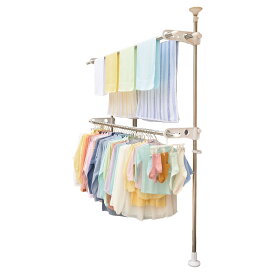 突っ張り物干し ベランダ用 屋外 洗濯物干し スタンド 伸縮式 高さ210-275cm 奥行35-58cm 幅10cm 組み立て式 転倒防止 吸盤 固定 ホワイト