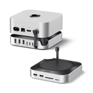 UGREEN Mac mini M4�p �h�b�L���O�X�e�[�V�������X�^���h�bNVMe SSD�g���X���b�g���ځbUSB-A×3�i10Gbps�j�EUSB-C�f�[�^�|�[�g�ESD�J�[�h���[�_�[�Ή��bMac mini M4 / M4 Pro��p