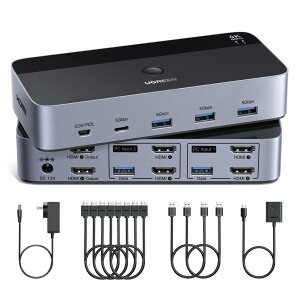 UGREEN HDMI KVM�ؑ֊� 4K@60Hz 2���j�^2�R���s���[�^�A2����2�o�̓X�C�b�`�A 4��USB 3.0�|�[�g�̂���2��̃R���s���[�^��2���j�^/�L�[�{�[�h/�}�E�X/�v�����^�����L HDMI�P�[�u��4�{�AUSB�P�[�u��2