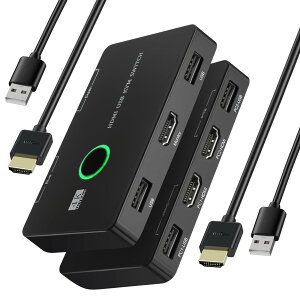 KVM�X�C�b�` HDMI KVM�ؑ֊� 2����1�o�� 4K@60Hz �Ή� �p�\�R�� 2 �䃂�j�^�[ 1 ��p �L�[�{�[�h�E�}�E�X�E�v�����^�[���L ����ғ� HDMI �P�[�u�� 2 �{ + USB �P�[�u�� 2 �{�t��