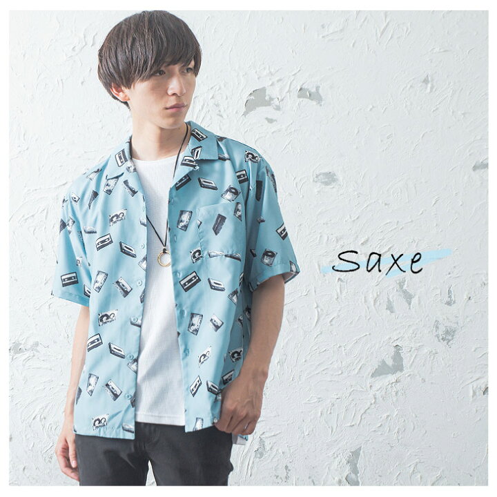 楽天市場 オープンカラーシャツ メンズ 半袖 シャツ 半袖シャツ メンズ 開襟シャツ 総柄 柄シャツ カジュアルシャツ ブラウス ショート丈 カセットテープ レディース 羽織り サックス イエロー 韓国 ファッション 春服 春 春夏 メンズファッション モード系