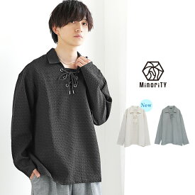 ポロシャツ メンズ 長袖 おしゃれ スキッパー ポロシャツ 長袖 Vネック シアサッカー プルオーバー シャツ メンズ オーバーサイズ キーネック ビッグシルエット 無地 レースアップ 黒 ブラック 青 ブルーグレー 春 春服 韓国 メンズファッション マイノリティ minority