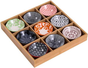 豆皿 豆皿ギフト 小皿 食器 果物 ケース 陶器 食器 寿司皿 セット仕切りトレー 竹製トレイ付 火鍋 焼肉屋 寿司屋 8枚セット (木箱入り) ギフト プレゼント カラフル