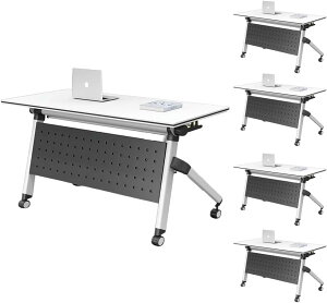 会議用テーブル 折りたたみ、フリップモバイルトレーニングテーブル、ロックホイールと金属棚付きコンピュータテーブル5個、折りたたみ式、簡単に保管できる直線 ホワイト 160*50*75cm