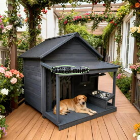 【大型犬舎 屋外用】木製犬小屋 ペットハウス 防水 防風 防寒 ドッグハウス 犬舎 大型犬 中型犬対応 アスファルトルーフ付き 通気窓 保温ドアカーテン ステンレス食器付き 屋外ペットハウス