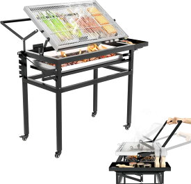 バーベキューコンロ bbq 焚き火台 大型 10人用 火力調節可能 360度回転可能な調理グリッド、取り外し可能なトレイ、調節可能なスチールラックを備えたポータブル卓上炭火焼きグリル Medium
