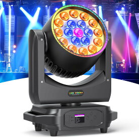 ムービングヘッドライト LEDステージライト RGBW 4in1 高輝度 ズーム機能 DMX512対応 19×10W リングエフェクト 音声制御 舞台照明 DJ パーティー 結婚式用 1-PACK