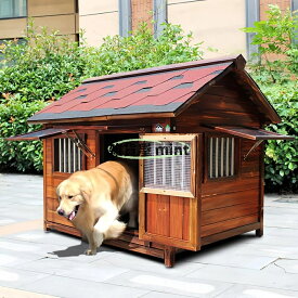 大型犬・中型犬用 犬小屋 屋外木製ペットハウス ドア付き 窓付き 全天候型 防風 防雨 断熱 耐候設計 組み立て簡単 オールシーズン利用可能 屋外屋内 (4XLサイズ - 体長95cmまでの動物に適しています,二重窓 + 窓カバー + メッシュスクリーン)