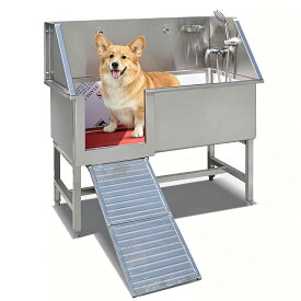 ステンレス製犬用バスタブ 大型犬・中型犬対応 引き戸 伸縮式スロープ 混合水栓 石鹸箱付き 豊富な付属品 ペットグルーミング 家庭用