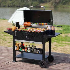 バーベキューコンロ bbq コンロ 焚き火台 大型 20人用 火力調節可能 折りたたみ式調味料棚板付き 温度表示付き 昇降式チャコールトレイ キャンプ 焼き台 ステンレス アウトドア 携帯用 蒸し焼き 燻製 バーベキューグリル 双室/炉全長88cm