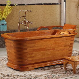 屋内バスルーム用の自立した木製バスタブ、スパセンターソリッドウッドスタンド単独の浴槽椅子とポップアップドレイン、手すりのあるコンテンポラリーの浸漬木製浴槽,160cm/62.99"