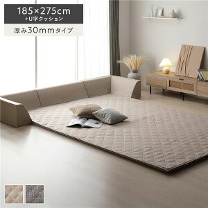 【P5倍】 極厚 ラグ 背クッション セット 約185×275cm+U字クッション 厚み30mmタイプ ベージュ 高反発ウレタン 滑り止め加工付き カバーリング仕様 簡単付け替え 洗えるカバー付き オールシー