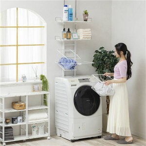 【水曜定休セール!ポイント7倍】 突っ張り 洗濯機ラック 幅59cm マーブル 大理石柄 バスケット付き スチールフレーム ランドリーラック ランドリー収納 洗濯用品(代引不可)