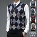 ニットベスト メンズ Vネック プルオーバー セーター チェック柄 カジュアル ビジネス アーガイル ゆったり 春 秋 通…