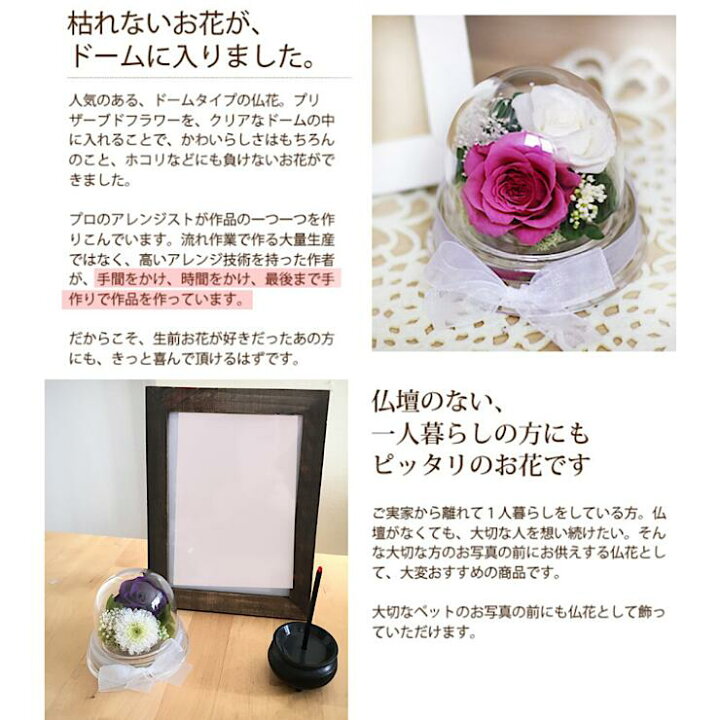 楽天市場 お供え花 仏花 ピュアドーム ２個以上送料無料 プリザーブドフラワー お盆 初盆 ペットのお供え にも お彼岸 お悔やみ フラワー花 ドーム ミニドーム 仏壇 埃かぶらない ナチュラルプリザminyong