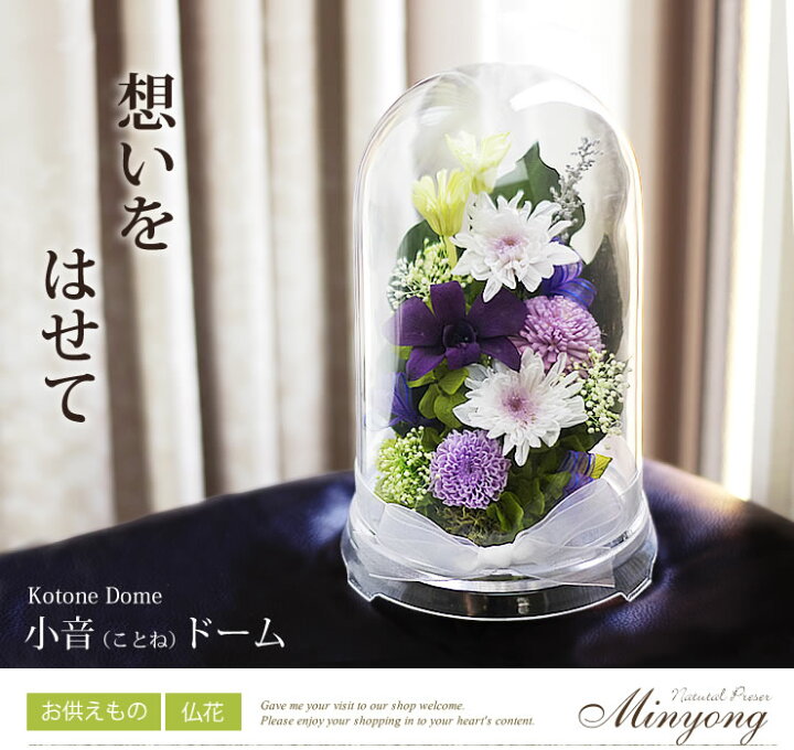 楽天市場 仏花 お供え花 小音ドームkotone 一対可 お彼岸 敬老の日 お盆 初盆 プリザーブドフラワー ドーム 仏壇 お悔やみ 大切な方のお写真の前に ナチュラルプリザminyong