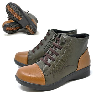 防寒 防水 カジュアル スノーブーツ 幅広 4E レディース BEAUTH ビュース 334 カーキ ウォーキング ゴム紐 サイドファスナー ショートブーツ 婦人靴 北海道 雪 冬