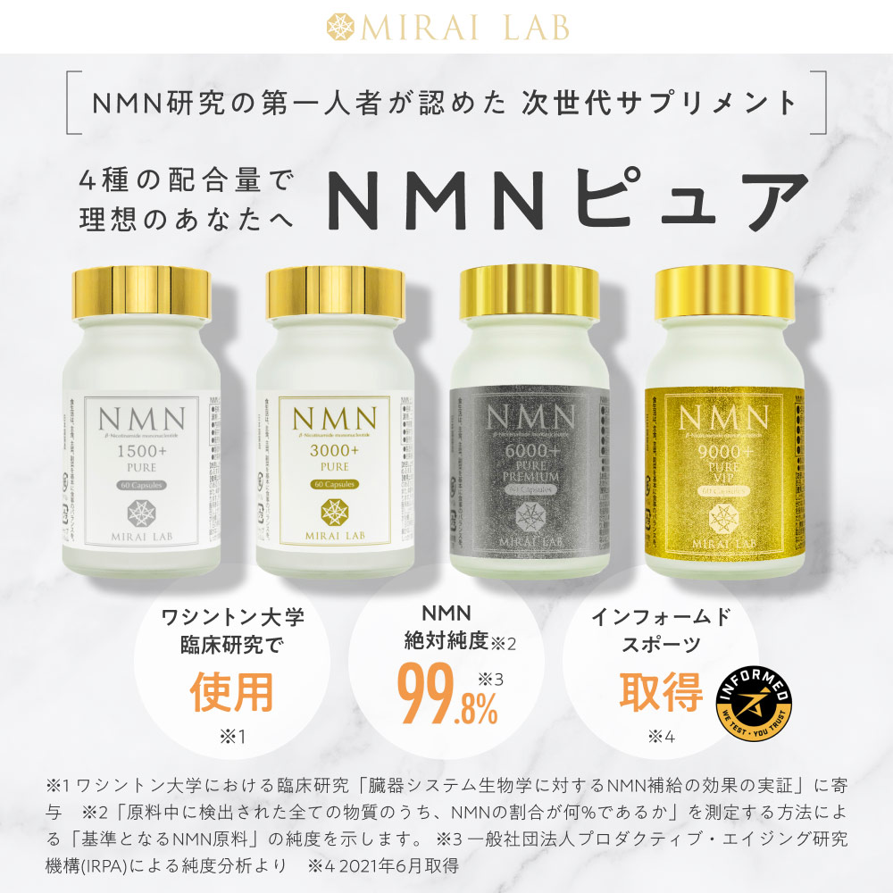 NMN ピュア 3000 プラス（ 60カプセル ）　※賞味期限2023年5月末商品となります。 NMN サプリ MIRAILAB ミライラボ  3000mg 1ヶ月分 高純度99% 国内製造 高品質 ニコチンアミドモノヌクレオチド 日本製 美容 サプリメント 送料無料 | ミライラボ