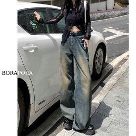 パンツ デニム レディース レトロ セメント グレー ワイド レッグ ジーンズ 女性 秋 ストレート レッグ ハイウエスト スリム フロアレングス 女性