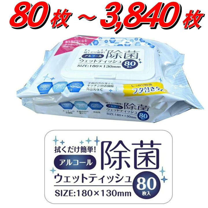 楽天市場】アルコール除菌ウェットティッシュ 80枚入 ふた付き 
