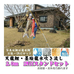 鯉のぼり 龍水鯉 2WAY室内スタンドセット 2.0m 万能取付スタンド付 水袋付 墨絵龍吹き流しセット 0259-91 団地鯉 縮緬加工ポリエステル生地 金箔ぼかし加工 撥水加工 金箔墨絵風吹流し 家紋・名