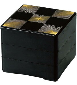 J-kitchens 重箱 3段 4.5寸 彩 お重箱 黒松葉市松 13.4cm x 13.4cm x 12.7cm 日本製