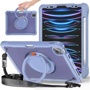 縦置き 横置き iPad 10 ケース 肩掛け 360°回転持ち手 ペン収納 iPad第10世代 2022 カバー ショルダーストラップ付き ハードP +シリコン リングスタンド 耐衝撃 半透明 背面カバー つや消し