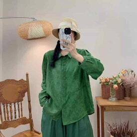 シャツ レディース 長袖 苎麻 リネン 森ガール 提花 ジャカード 薄手 通気性 開襟 襟付き トップス ブラウス ゆったり 普段使い 春夏 秋冬 ピンク系3