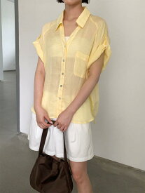 シャツ レディース 半袖 薄手 苎麻 リネン ブラウス 韓国 トップス 接触冷感 切り替え 無地 オフィス カジュアル 薄荷緑 纯净白 淡黄 湖藍 静谧粉 墨藍 浅灰 深咖