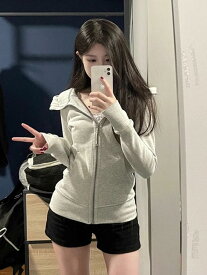 パーカー レディース 秋冬 長袖 ショート丈 スリムタイプ カジュアル 韓国 無地 ジップアップ 羽織り トップス グレー ピンク ホワイト ブラック イエロー ブルー S M L XL