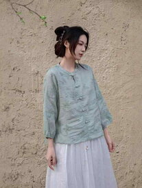 シャツ レディース 春夏 苎麻 リネン トップス 刺繍 チャイナボタン ブラウス ゆったり 長袖 丸首 文芸風 水色 ピンク系 ベージュ 赤茶色