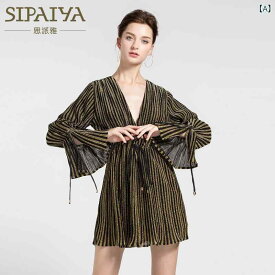 レディース ワンピース スカート 短パン 韓国 春夏 連体服 長袖 高腰 抽绳 休闲 宽松 条纹 女用 聚酯 薄型 褶皱 纽扣 ゴールド 都市 欧美 スタイル