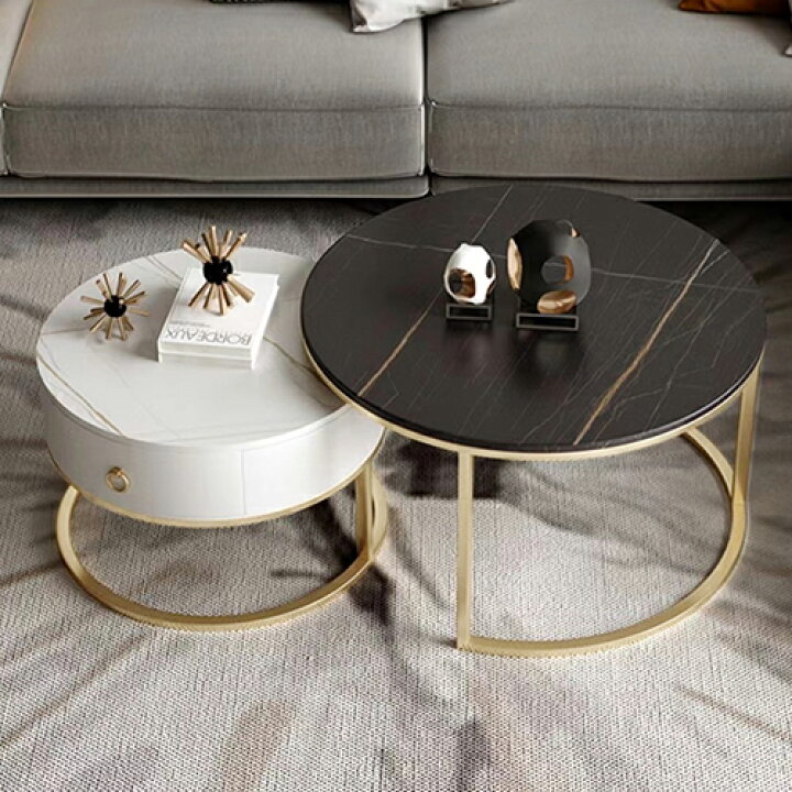 オーバル型サイドテーブル しょ ブラック・ホワイト大理石模様 