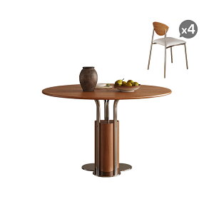 ダイニングテーブル セット 木製 円型 4人掛け 幅130cm ダイニングセット 丸テーブル 90cm 小型 110cm 100cm 無垢材 テーブル 4人用 丸み 木目調 食卓 おしゃれ 北欧 食事テーブル 異素材 ブラウン