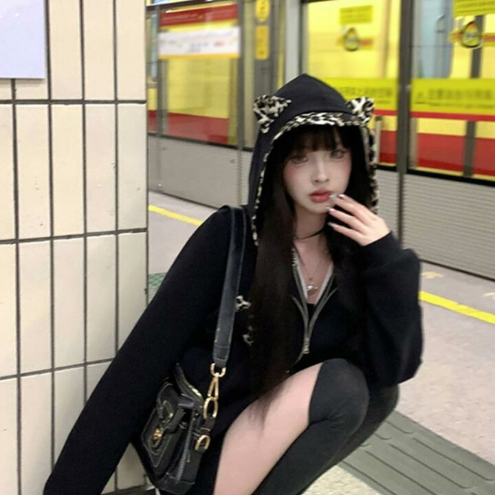 楽天市場】長袖 パーカー 地雷系 クロス 少女 ヒョウ柄 耳付き 渋谷系 