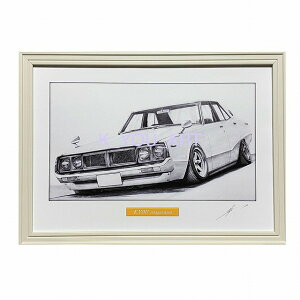 日産 ニッサン スカイライン ケンメリ 4ドア (ヨンメリ) 鉛筆画 名車 旧車 ノスタルジックカー イラスト 絵画 デッサン 絵 A4サイズ 額付き 作者直筆サイン入り 車好き 男性 向け お