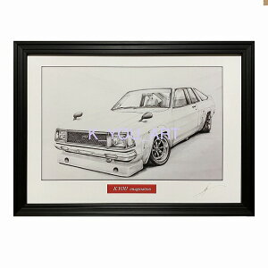 ニッサン 日産 サニー 310 ワークス角目 鉛筆画 名車 旧車 ノスタルジックカー イラスト 絵画 デッサン 絵 A4サイズ 230mmX318mm 額付き 作者直筆サイン入り 車好き 男性 向け お誕生日 バ