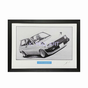 TOYOTA トヨタ KPスターレット 鉛筆画 名車 旧車 ノスタルジックカー イラスト 絵画 デッサン 絵 A4サイズ 230mmX318mm 額付き 作者直筆サイン入り 車好き 男性 向け バースデー 父の日 退