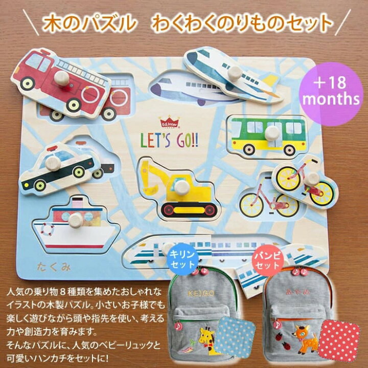 楽天市場 出産祝い 名入れ のりものパズルとリュックとハンカチのセット マインド ビー 楽天市場 出産祝い 名入れ のりものパズルとリュックとハンカチのセット マインド ビー