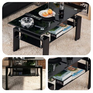 【24H限定★15%OFF】ガラステーブル コーヒーテーブル 幅88cm 強化ガラス天板 収納付き 二段収納 おしゃれ リビング用テーブル 棚付き 一人暮らしに最適 大容量収納 センターテーブル 木製脚