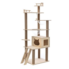 【10％OFF★追加クーポン】キャットタワー 宇宙船付き 猫タワー ファブリック 夏用 階段 つっぱり 機能満載 爪とぎ 多頭飼い 安定感抜群 頑丈 省スペース 猫ハウス キャットポール おしゃれ 据え置き型 ポンポンおもちゃ